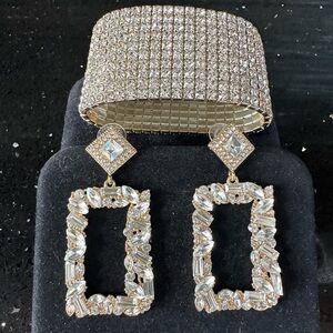 Women’s Big Drop Rectangle Earrings Crystals Rhinestone Gold Tone Bracelet Prom